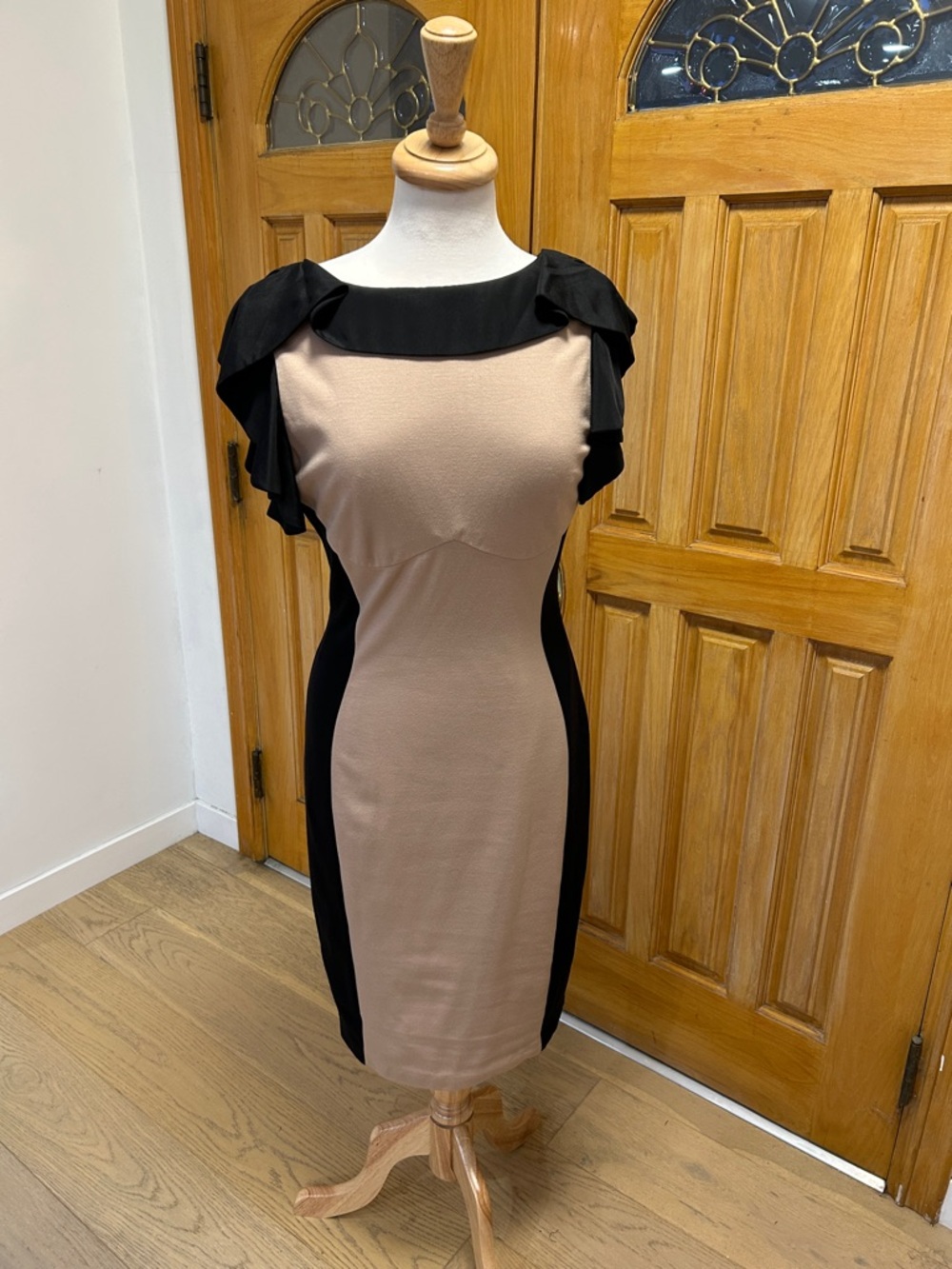 Ted Baker Nude and Black Ruffle-Shoulder Sheath Dress